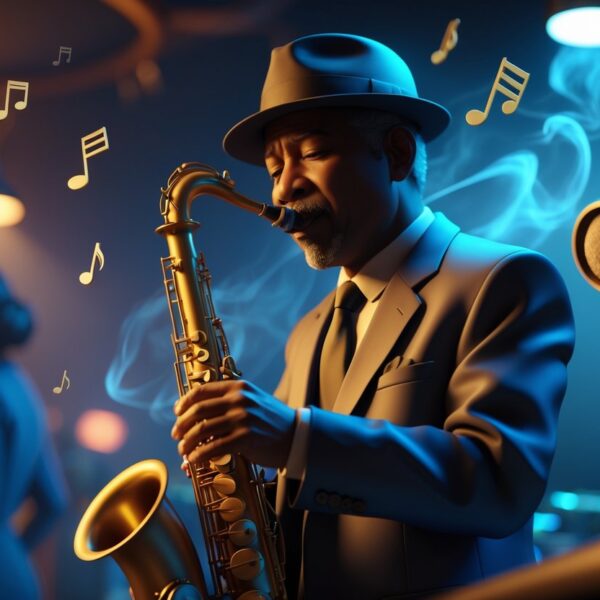 Um homem tocando saxofone em um palco de um clube de jazz com iluminação quente e elementos que sugerem emoções e relacionamentos complexos.