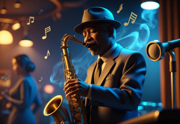 Um homem tocando saxofone em um palco de um clube de jazz com iluminação quente e elementos que sugerem emoções e relacionamentos complexos.