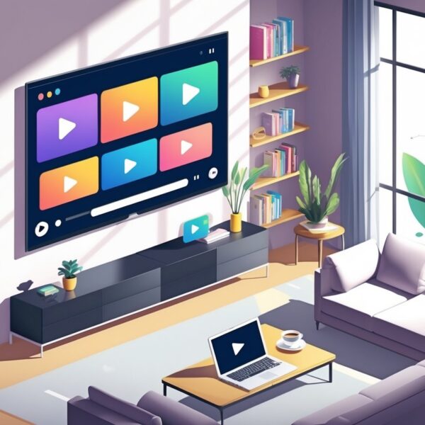 Sala de estar com sofá, TV grande mostrando miniaturas de vídeos e laptop com vídeo pausado, ambiente aconchegante para assistir vídeos.