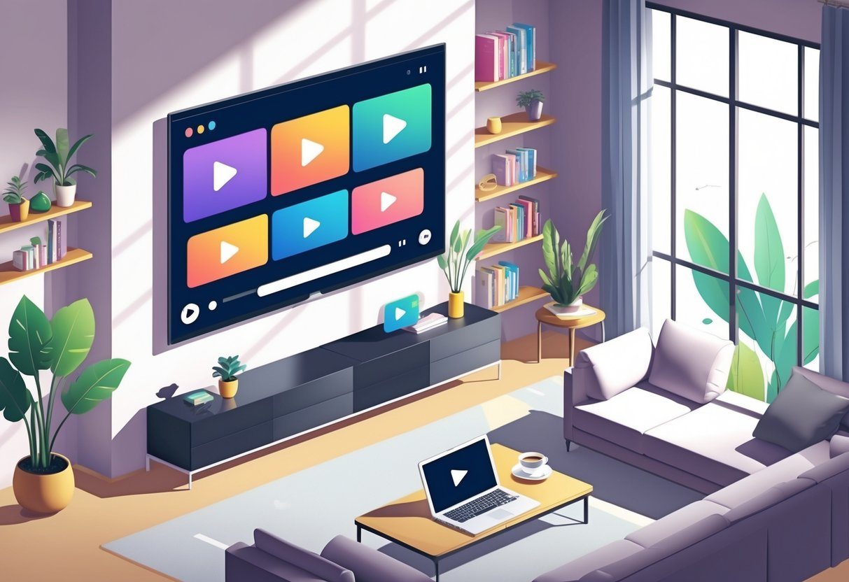 Sala de estar com sofá, TV grande mostrando miniaturas de vídeos e laptop com vídeo pausado, ambiente aconchegante para assistir vídeos.