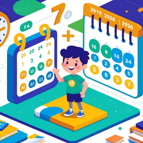 Ilustração de uma criança ao lado de um calendário mostrando os anos 2019 e 2026, com números indicando o cálculo da idade entre esses anos.