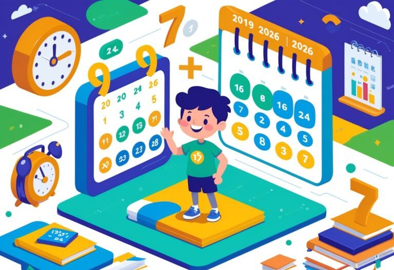 Ilustração de uma criança ao lado de um calendário mostrando os anos 2019 e 2026, com números indicando o cálculo da idade entre esses anos.