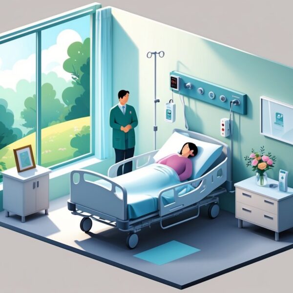 Quarto de hospital tranquilo com paciente na cama, médico e enfermeira ao lado, luz natural entrando pela janela.