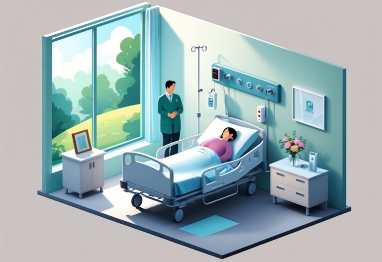 Quarto de hospital tranquilo com paciente na cama, médico e enfermeira ao lado, luz natural entrando pela janela.