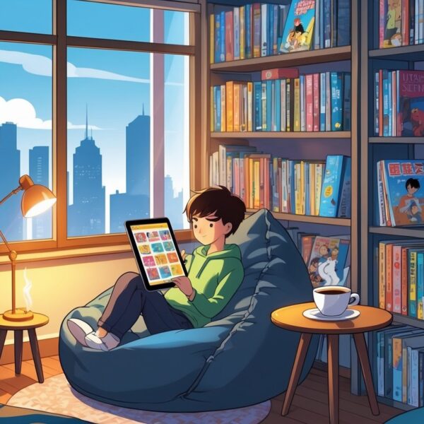 Pessoa sentada em uma poltrona confortável lendo um tablet em um canto aconchegante de um apartamento com estantes de livros e uma xícara de café ao lado.