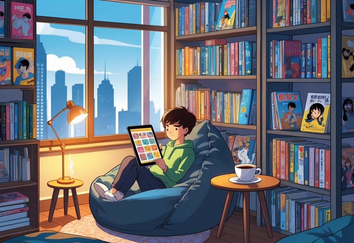 Pessoa sentada em uma poltrona confortável lendo um tablet em um canto aconchegante de um apartamento com estantes de livros e uma xícara de café ao lado.
