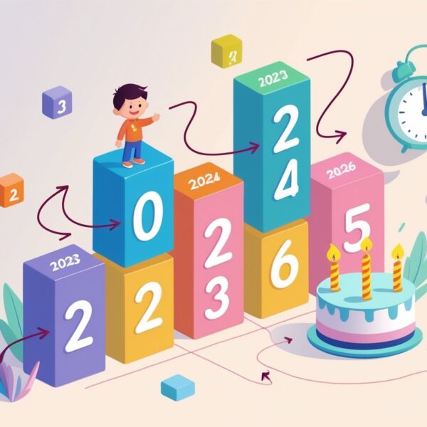 Ilustração mostrando blocos com os anos 2023 a 2026, uma criança no bloco de 2023 e um bolo com três velas no bloco de 2026, indicando a idade de três anos.