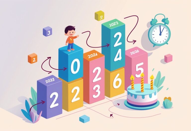 Ilustração mostrando blocos com os anos 2023 a 2026, uma criança no bloco de 2023 e um bolo com três velas no bloco de 2026, indicando a idade de três anos.