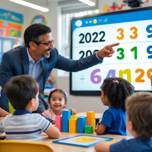 Sala de aula com crianças pequenas e uma professora mostrando números e conceitos de idade em uma tela digital.