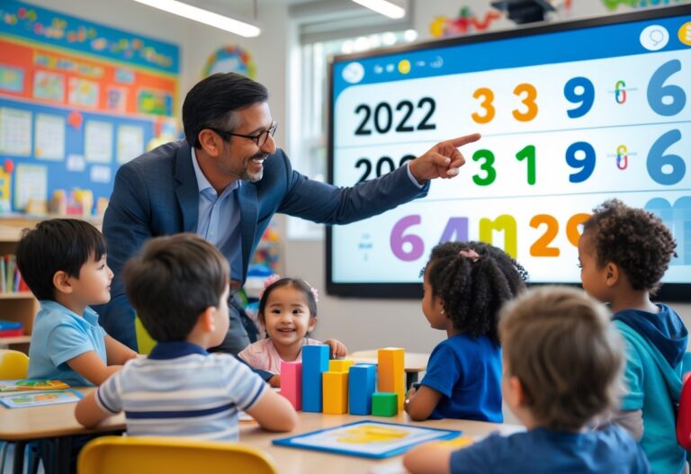 Sala de aula com crianças pequenas e uma professora mostrando números e conceitos de idade em uma tela digital.
