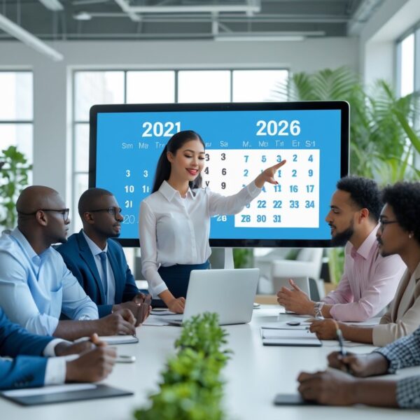 Grupo de pessoas em um escritório moderno discutindo em volta de uma mesa com uma tela digital mostrando um calendário destacando os anos 2021 e 2026.