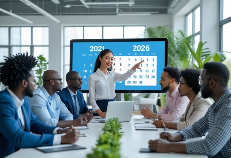 Grupo de pessoas em um escritório moderno discutindo em volta de uma mesa com uma tela digital mostrando um calendário destacando os anos 2021 e 2026.