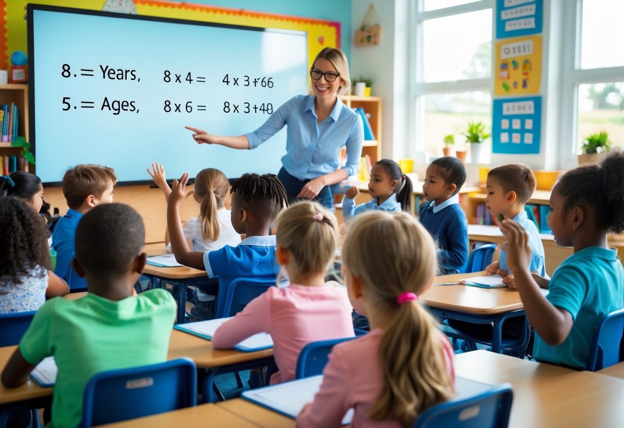 Sala de aula com crianças ao redor de 8 anos aprendendo matemática com professora apontando para quadro digital.