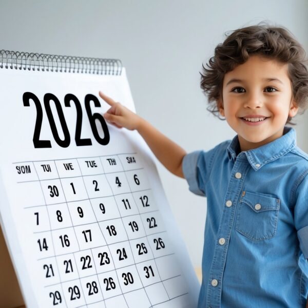 Criança sorridente apontando para um calendário mostrando o ano de 2026.