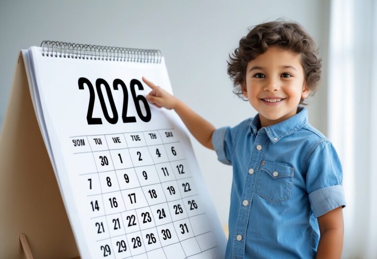 Criança sorridente apontando para um calendário mostrando o ano de 2026.